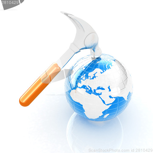 Image of Hammer and earth on white background 