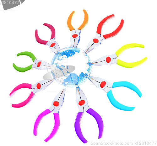 Image of Colorful pliers to work and earth. Global tools concept
