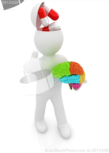 Image of 3d people - man with half head, brain and trumb up. Medical conc