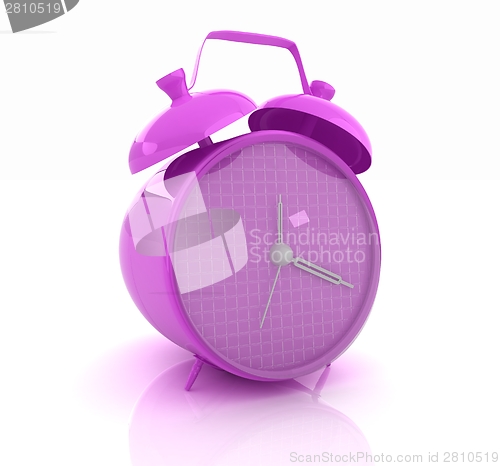 Image of 3d illustration of glossy purple alarm clock against white backg