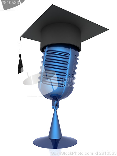 Image of New 3d concept of education with microphone and graduation hat