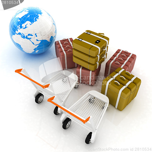 Image of Trolley for luggage at the airport and earth. International tour