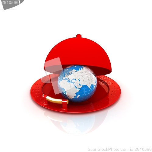 Image of Earth globe on glossy silver dish under food cover