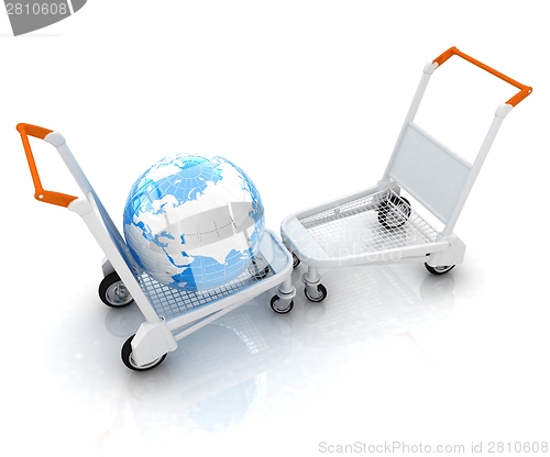 Image of Trolley for luggage at the airport and earth. International tour