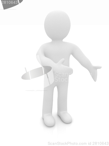 Image of Happy 3d business man showing copy space, isolated on white 