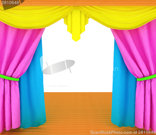 Image of Colorfull curtains and wooden scene floor 