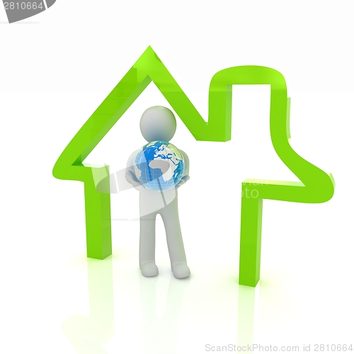 Image of 3d man, house icon and earth