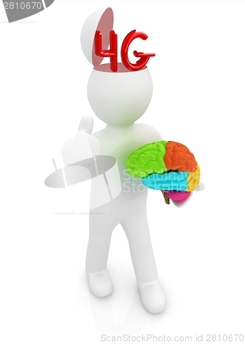 Image of 3d people - man with half head, brain and trumb up. 4g modern in