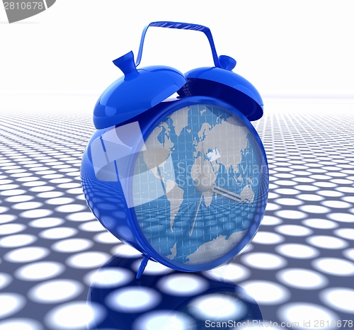Image of 3d illustration of glossy clock of world map. Time concept