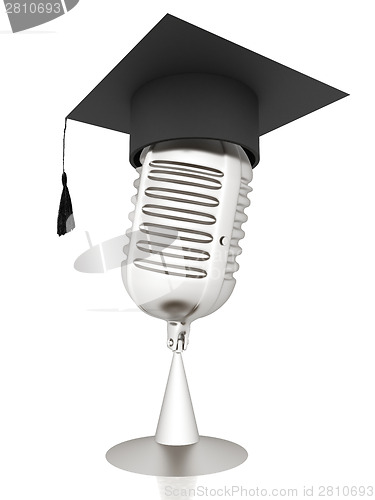 Image of New 3d concept of education with microphone and graduation hat