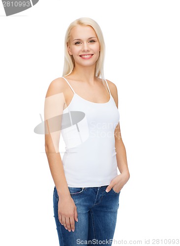 Image of smiling woman in blank white t-shirt