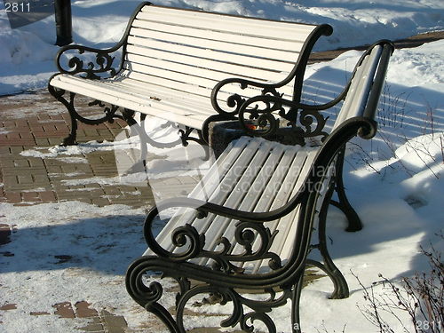 Image of benches in the snowy park