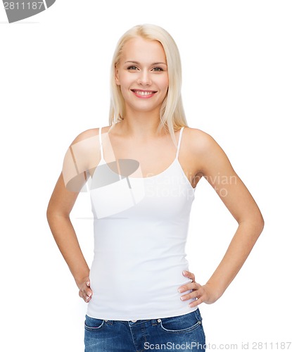 Image of smiling woman in blank white t-shirt