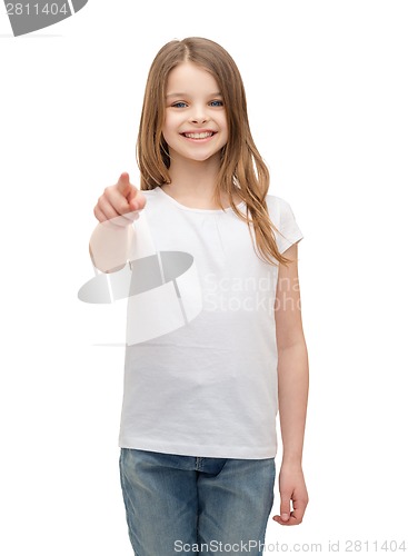 Image of little girl in blank white t-shirt pointing at you