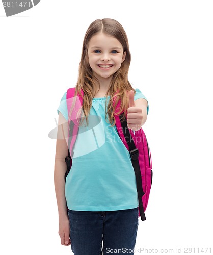 Image of smiling girl with school bag showing thumbs up