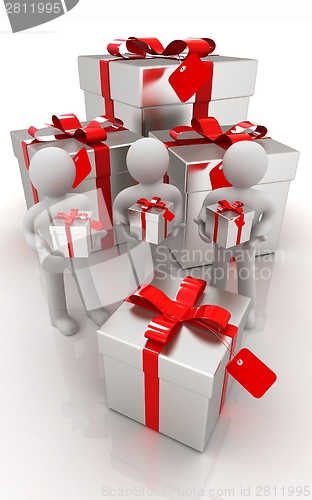 Image of 3d mans and gifts with red ribbon