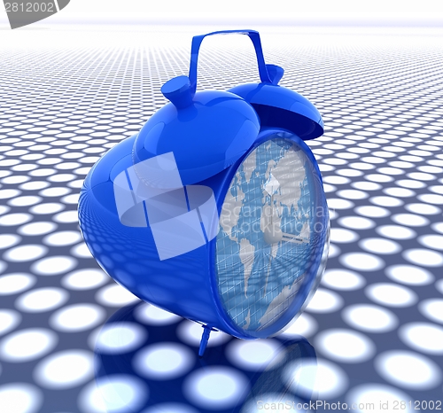 Image of 3d illustration of glossy clock of world map. Time concept