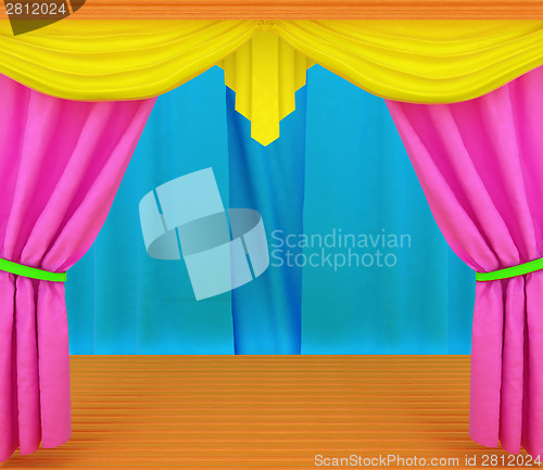 Image of Colorfull curtains and wooden scene floor 