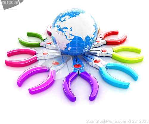 Image of Colorful pliers to work and earth. Global tools concept