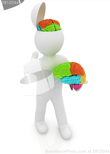 Image of 3d people - man with half head, brain and trumb up. 