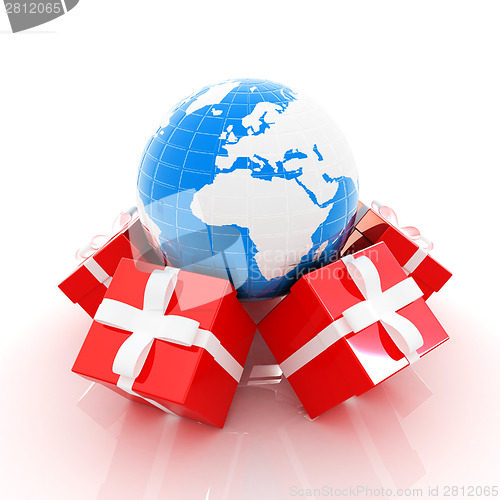 Image of Traditional Christmas gifts and earth. Global holiday concept 