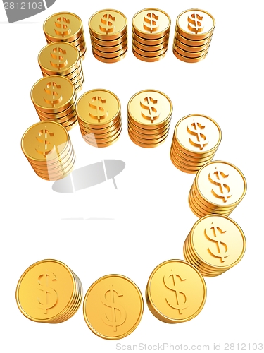 Image of Number "five" of gold coins with dollar sign