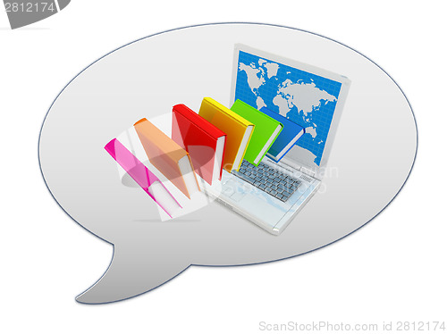 Image of messenger window icon and Colorful books flying and laptop 