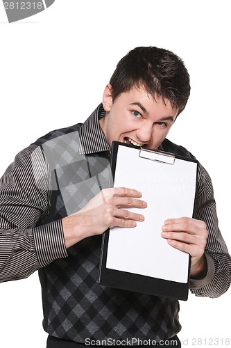 Image of Excited man with blank board