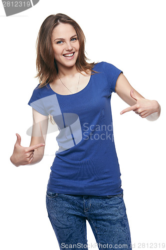 Image of Smiling woman pointing at herself