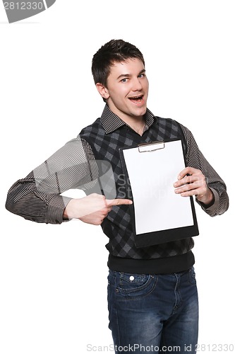 Image of Excited man with blank board