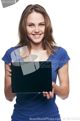 Image of Woman showing tablet screen smiling