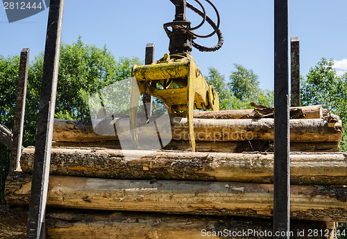 Image of truck clippers unload cut logs piles trailer work 