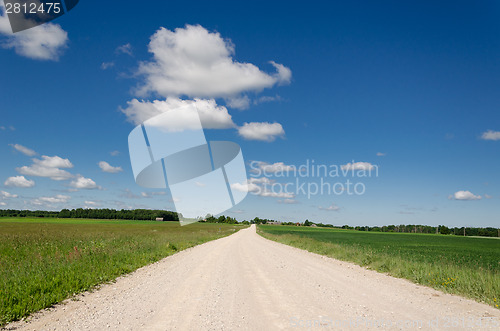 Image of gravel road along grass blue cloud horizon 