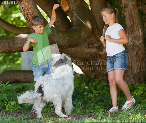 Image of Children playing with dog in garden