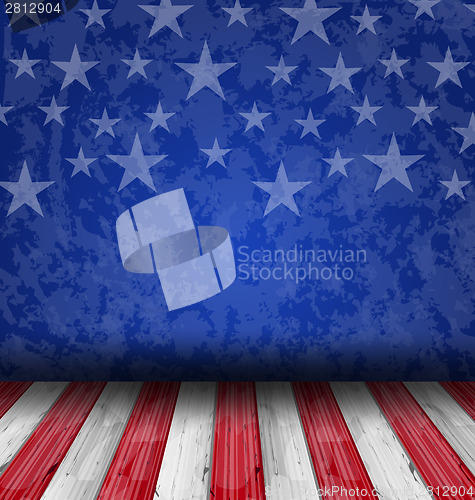 Image of Empty wooden deck table over USA flag background