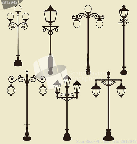 Image of Set of vintage various ornamental streetlamps