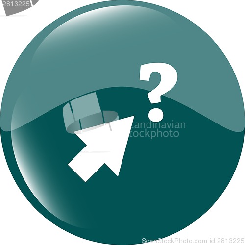 Image of computer button with arrow and questions mark, web icon isolated on white