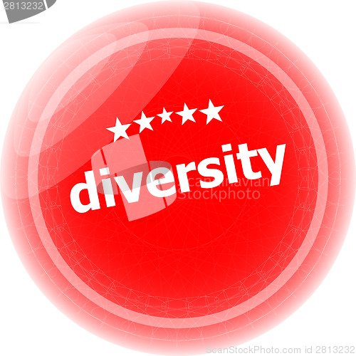 Image of diversity word on red stickers button, label