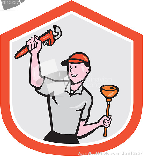 Image of Plumber Holding Wrench Plunger Cartoon