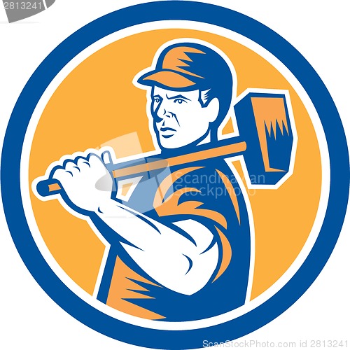 Image of Union Worker Holding Sledgehammer Circle Retro