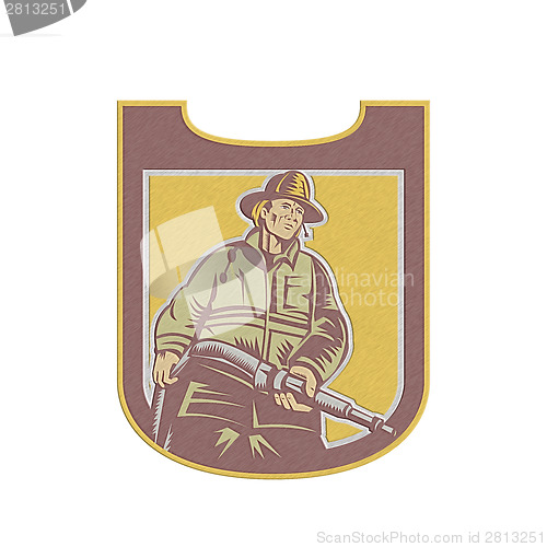 Image of Metallic Fireman Firefighter Aiming Fire Hose Shield Retro