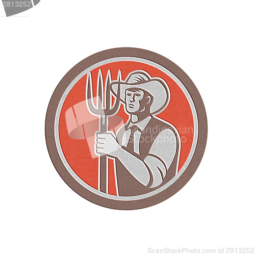 Image of Metallic Farmer Holding Pitchfork Circle Retrometallic, 3d, metal,