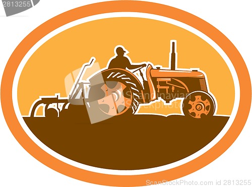 Image of Farmer Driving Vintage Farm Tractor Oval Retro