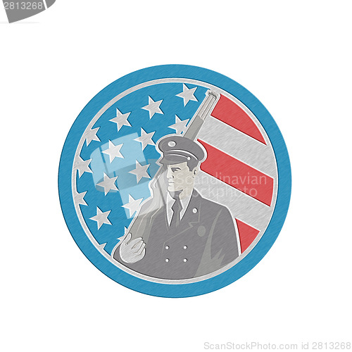 Image of Metallic Soldier Military Serviceman Holding Rifle Circle Retro