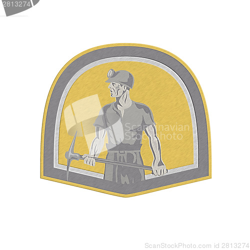 Image of Metallic Coal Miner Standing Holding Pick Axe Shield Retro