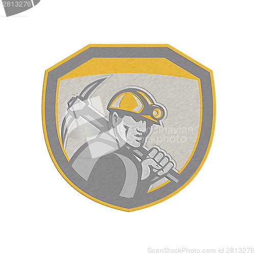 Image of Metallic Coal Miner Hardhat Holding Pick Axe Shield Retro