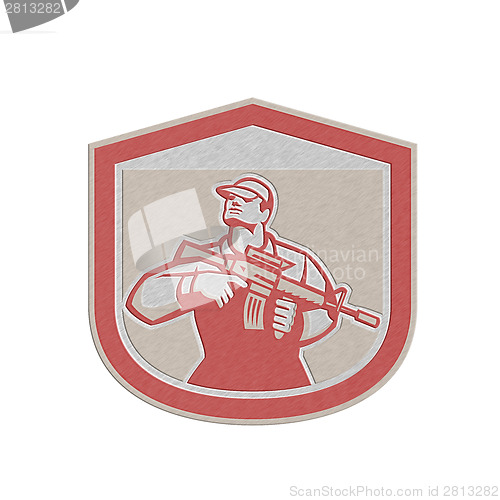 Image of Metallic Soldier Military Serviceman Holding Assault Rifle Crest Retro