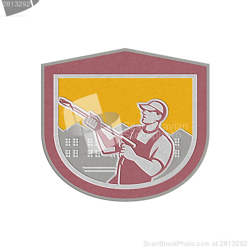 Image of Metallic Pressure Washer Cleaner Worker Retro Shield