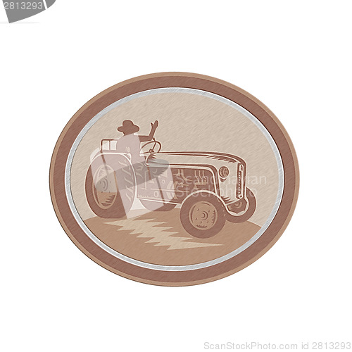 Image of Metallic Vintage Farm Tractor Driver Waving Circle Retro