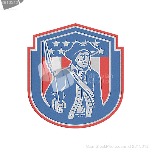 Image of Metallic American Patriot Holding Bayonet Rifle Shield Retro